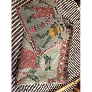 Kelly B Rightsell Scene Weaver Frog Tapestry Blanket and Pillow Set USA VTG